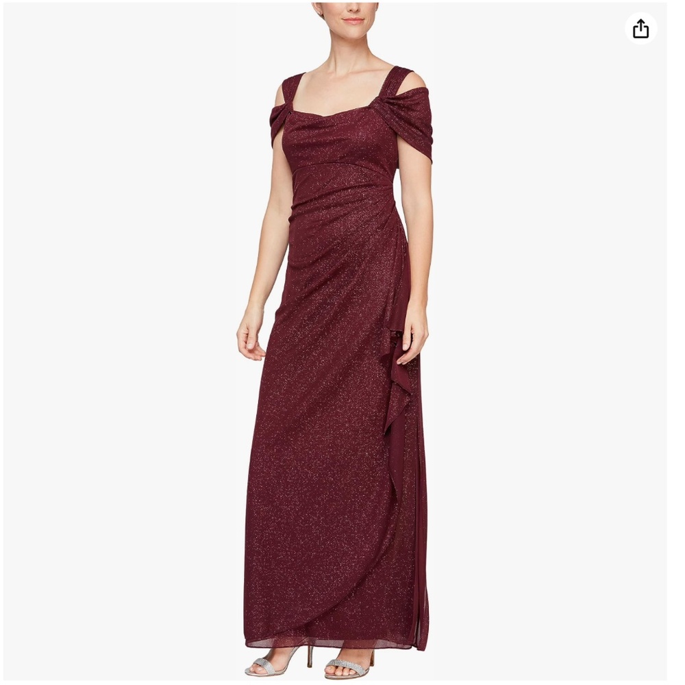 Alex Evenings Women's Long Glitter Mesh Cold Shoulder Dress 16 Petite